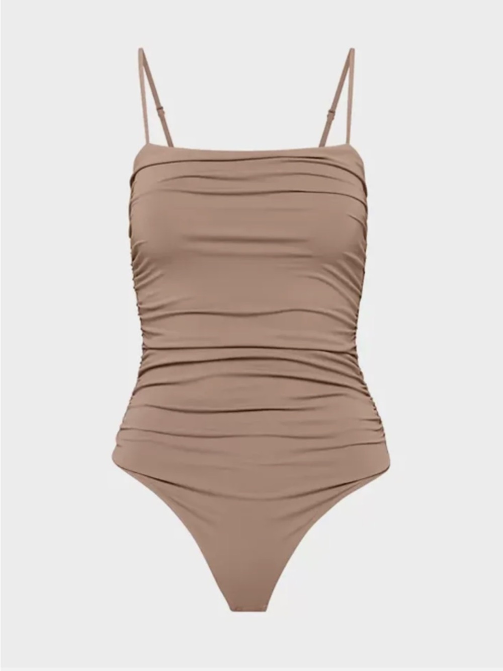 Babaton Contour Taupe Spaghetti Strap Square Neck Ruched Bodysuit